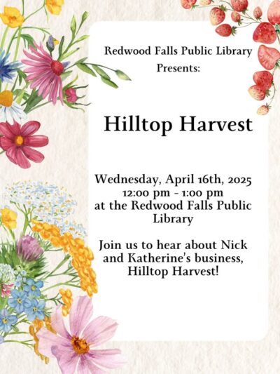 Reminder, Nick and Katherine will be here at noon to talk about their business Hilltop Harvest!